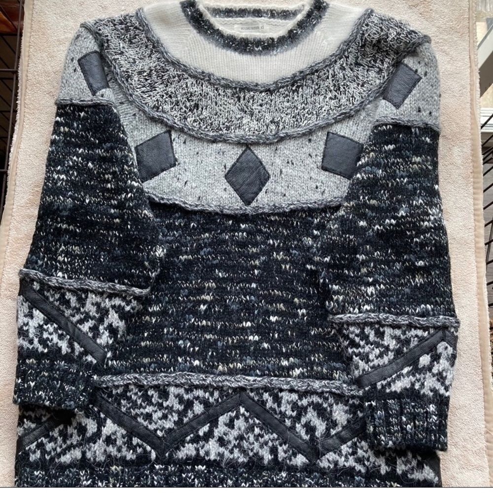 Susann D- Vintage Wool Blend Sweater with Shoulder Pads and Faux Leather Detail